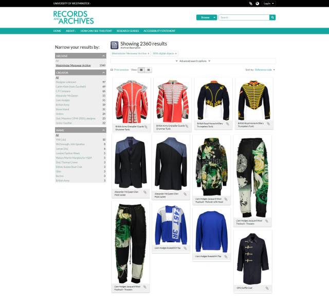 The online catalogue for the Westminster Menswear Archive, which now has 2,360 entries; London, 2020