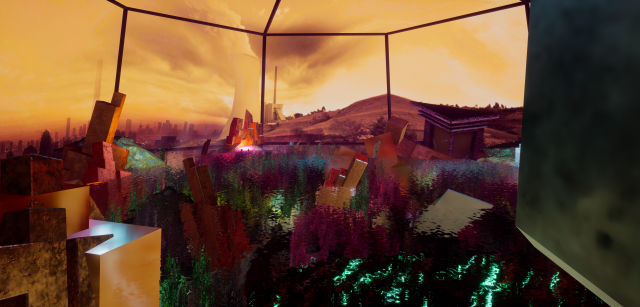 Still from The Terrarium (2020), a virtual reality environment of variable duration. It features parts of Anthropocene Island TAB 2017, by ecoLogicStudio, and excerpts from The Terrarium Inventory by Graham Fitkin