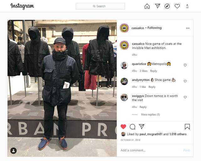 A visitor’s online post of themselves at the exhibition wearing the same jacket that is on display behind them, Ambika P3, London, October 31, 2019