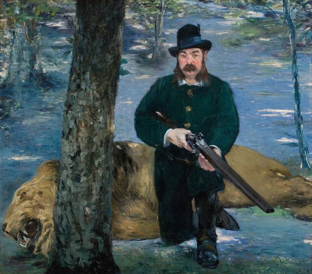 Edouard Manet, M Pertuiset, the Lion Hunter, 1881, one of the starting points for Cumberland’s pictures: ‘The actual rifle was copied (and reversed) and the way his tree trunk slices the picture plane, messes with figure-ground relations and has physical/ material/object presence, was influential,’ the artist explains