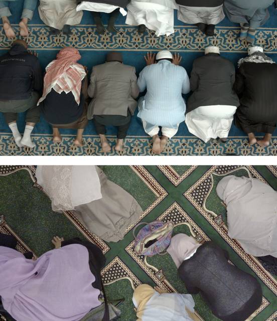 Film stills of congregational prayer main prayer hall (above) and female prayer room (below) at Brick Lane Mosque 